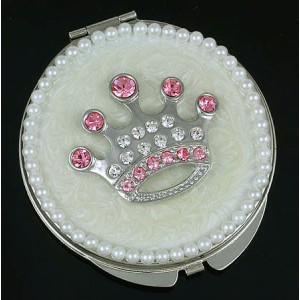 Compact Mirror - 12 PCS - Rhinestone Crown - Ivory -MR-GM1253V